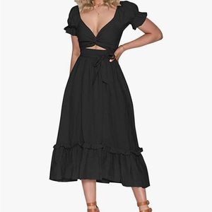 Zadina Boho A-Line Midi Dress with Tie Front and Smocked Back (Reversible)